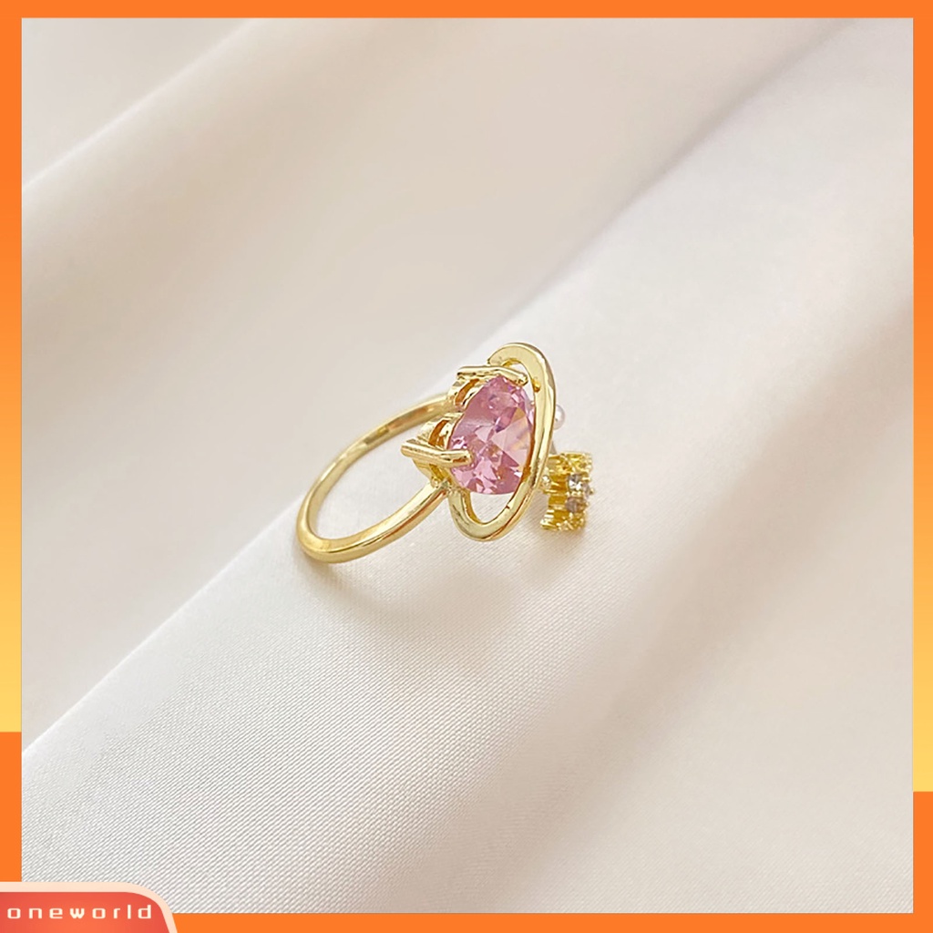 [EONE] Berlian Imitasi Bersinar Dapat Disesuaikan Wanita Cincin Pink Cubic Zirconia Jantung Pembukaan Cincin Perhiasan Aksesoris