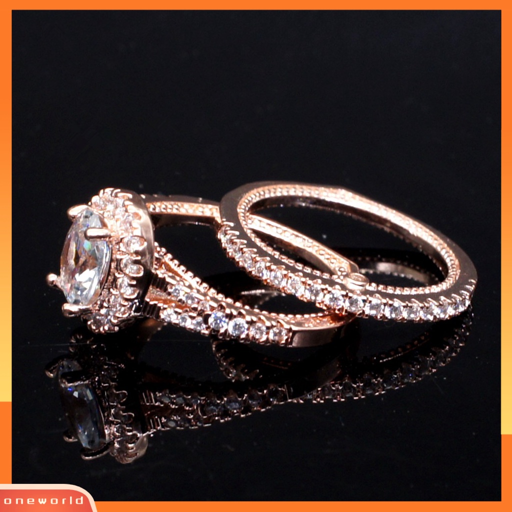 [EONE] 2 Pcs/Set Fashion Cincin Geometris Berlian Imitasi Bertatahkan Elektroplating Hypoallergenic Bersinar Dekorasi Perhiasan Aksesori Lady Bridal Pernikahan Cincin Pernikahan Aksesori