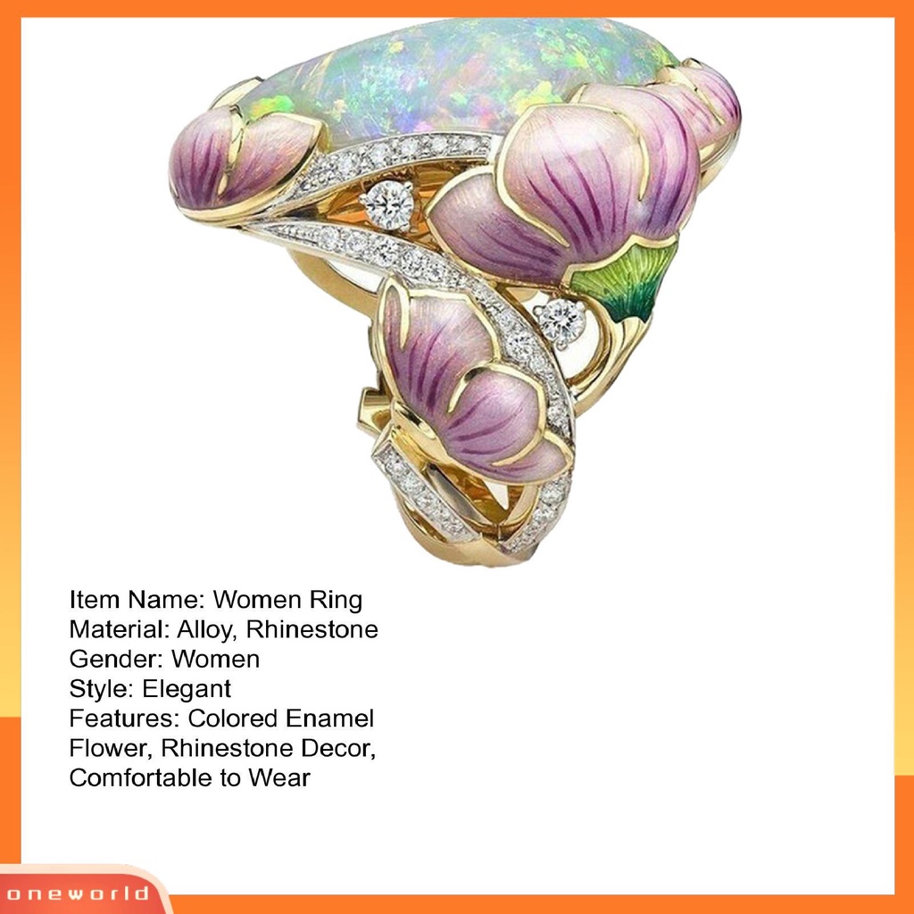 [EONE] Wanita Cincin Gaya Retro Imitasi Opal Berlian Imitasi Bertatahkan Elegan Berwarna Enamel Bunga Jari Cincin Aksesoris Perhiasan