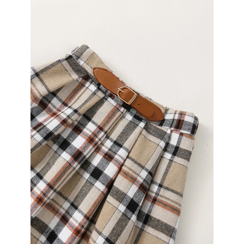 CHUBBI 33 Setelan Set Anak Perempuan Kaos High Neck + Rok Fanel Kotak2 Belt