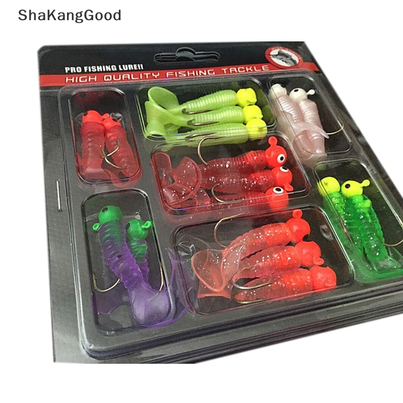 Umpan Pancing Selip Set Jig Lead Head Hooks Cacing Lembut Grub Umpan Ekor Tunggal 17Pcs SKK
