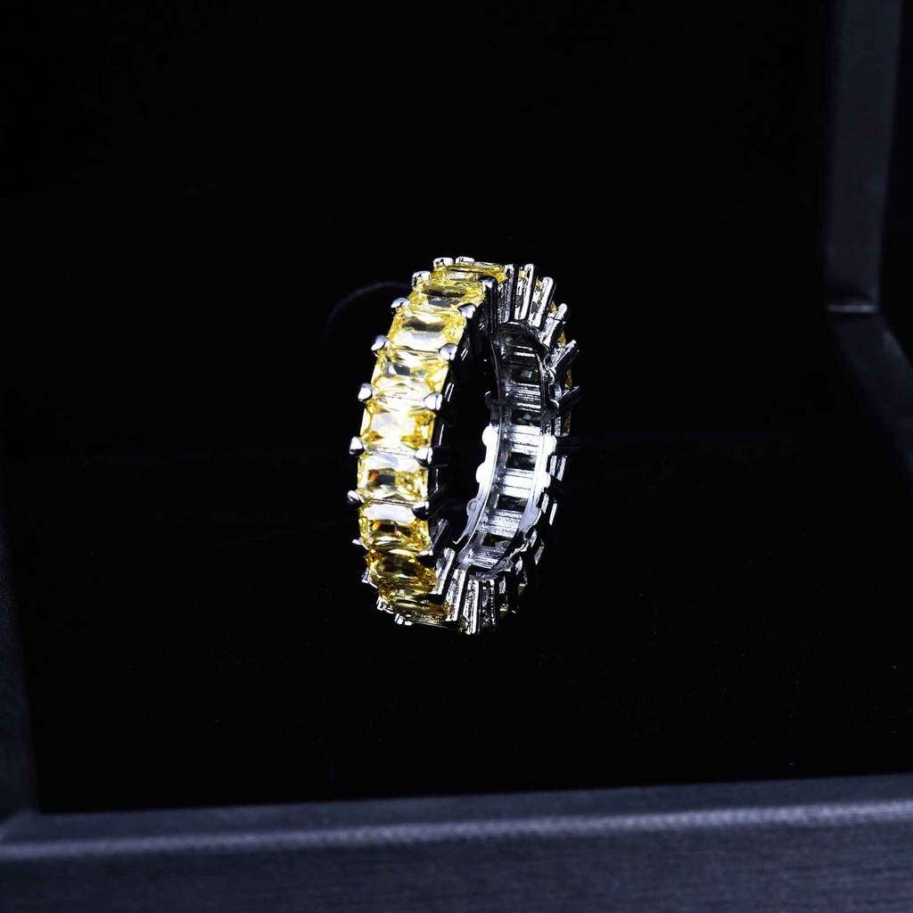 Goldkingdom Aksesoris Perhiasan Fashion Ready Stock Berlian Kuning Wanita Cincin Mewah Persegi Panjang Zirkon Pertunangan Perak Ring