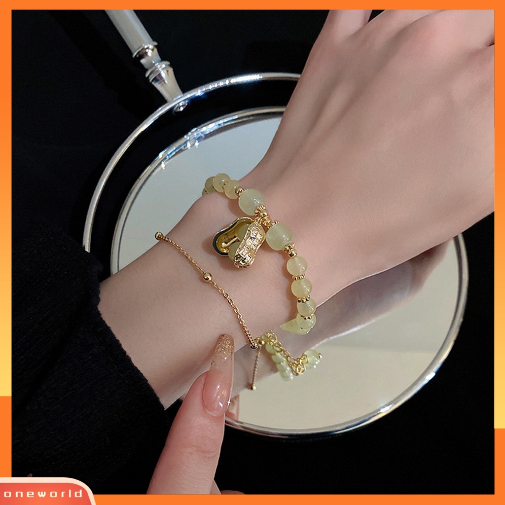 [EONE] Wanita Gelang Dua Lapis Manik-Manik Kristal Imitasi Emas Link Rantai Adjustable Kacang Liontin Wanita Bangle Fashion Perhiasan