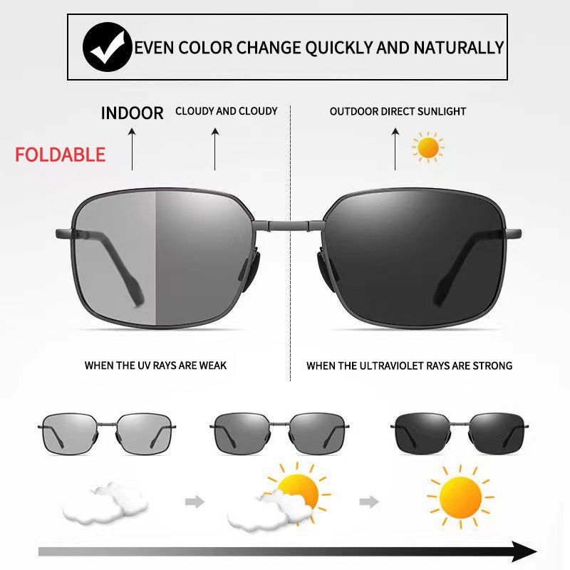 Kacamata Hitam Persegi Terlipat Warna Untuk Pria Photochromic Lipat Kacamata Matahari Mengemudi Bingkai Logam Kaca Mata Kotak