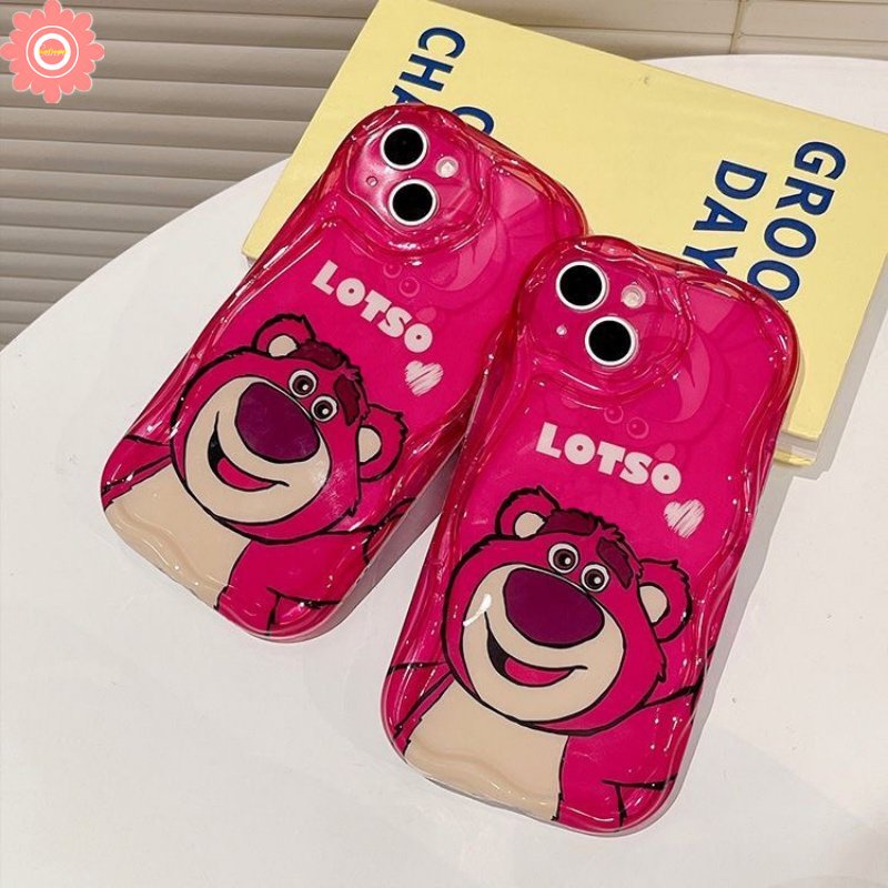 IPHONE Rose Red Kartun Imut Strawberry Bear Manyo Case Kompatibel Untuk Iphone11 12 13 14 Pro Max7 8 6s 6 Plus XR X XS Max SE 2020 3D Wavy Curved Edge Glossy Shockproof Soft Cover