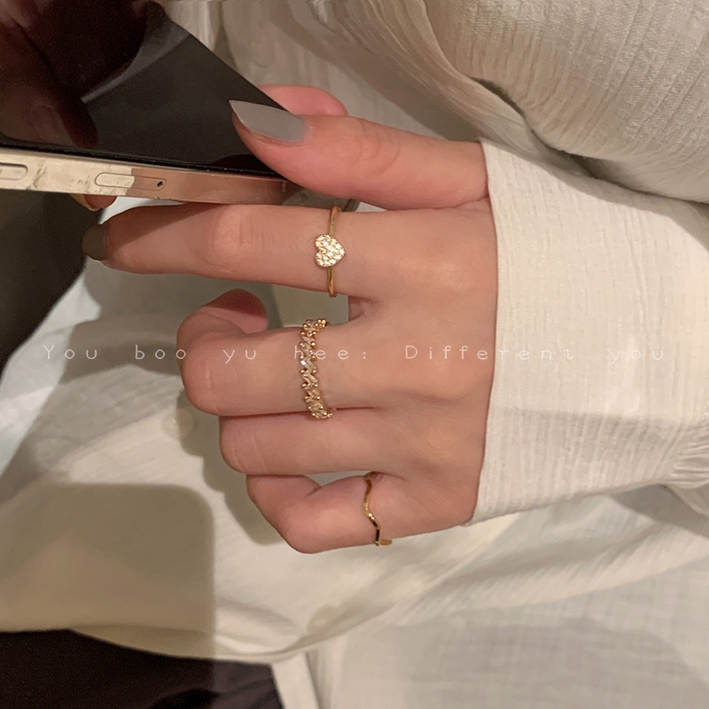 3pcs/set Cincin Hati Korea Cincin Zirkon Emas Elegan Untuk Wanita Aksesoris Perhiasan Fashion