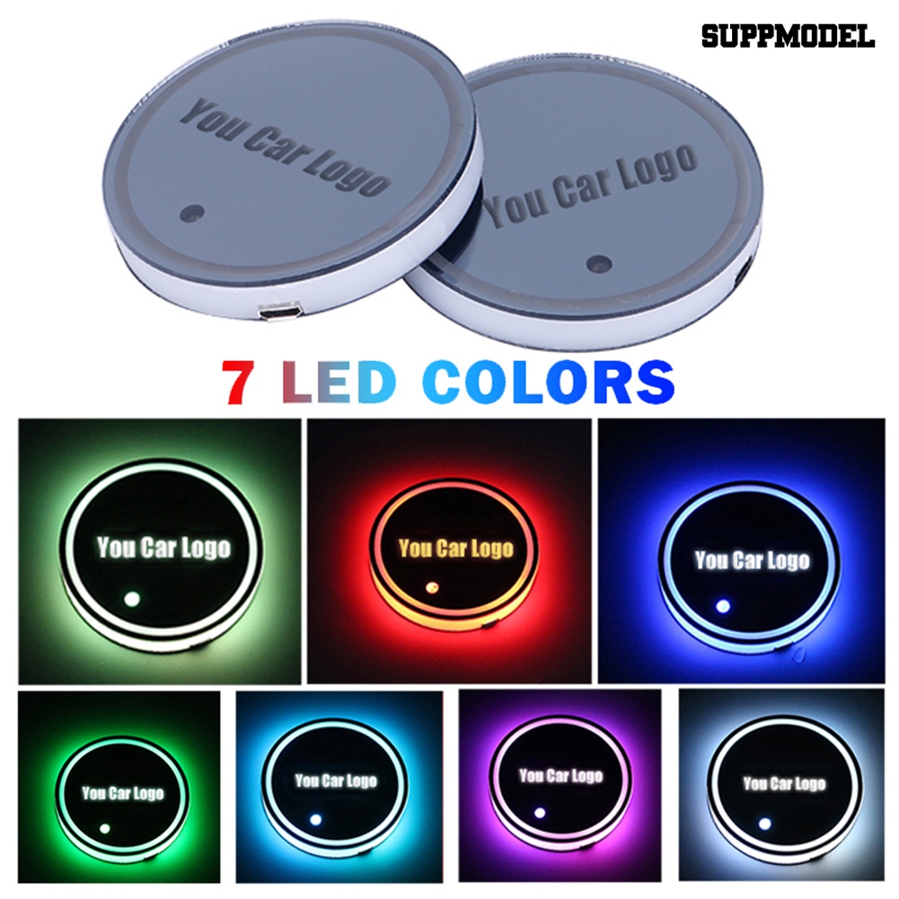 [SM Otomatis] Bulat Logo Mobil Rechargeable LED Light Cup Mat Pad Tatakan Gelas Auto Interior Decor