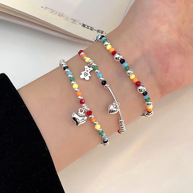 Papaozhu Handmade Rainbow Beads Smiley Face Gelang Untuk Wanita Perempuan Korea Warna-Warni Manik-Manik Hati Beruang Gelang Untuk Persahabatan Perhiasan Rantai Pergelangan Tangan Elastis