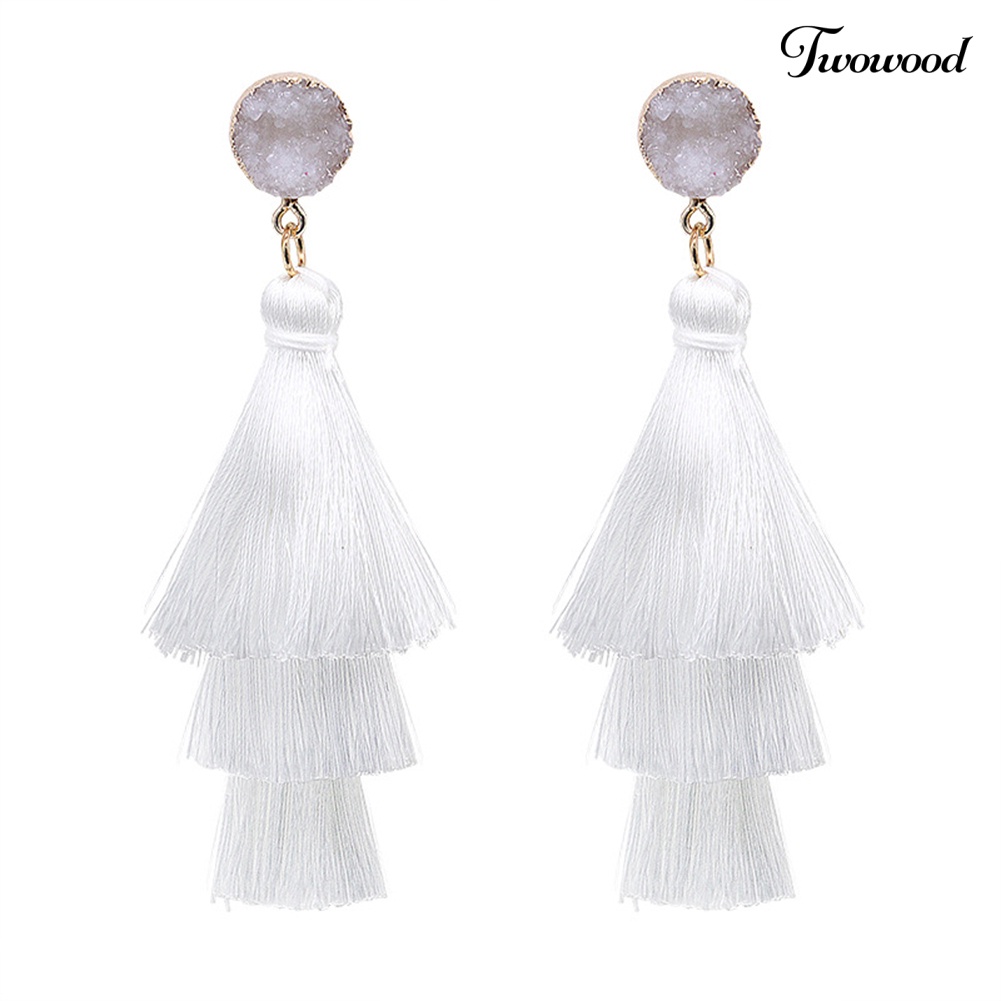 Twowood Bohemian Wanita Faux Quartz Multilayer Panjang Rumbai Menjuntai Drop Earrings Perhiasan