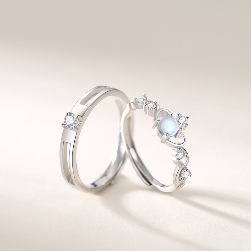 S925 Sterling Silver Moonstone Couple Ring Sepasang Niche ins Desain Mahkota Cincin Influencer Hadiah Hari Valentine