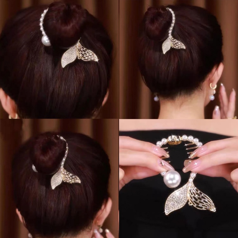 [Unggulan] Ponytail Hair Claws Hairpin Fishtail Pearl Rhinestone Bun Head Grab Clip Back Head Aksesoris Rambut Hias Temperamen Gesper Klip Hiasan Kepala Perempuan Panci Rambut Artefak