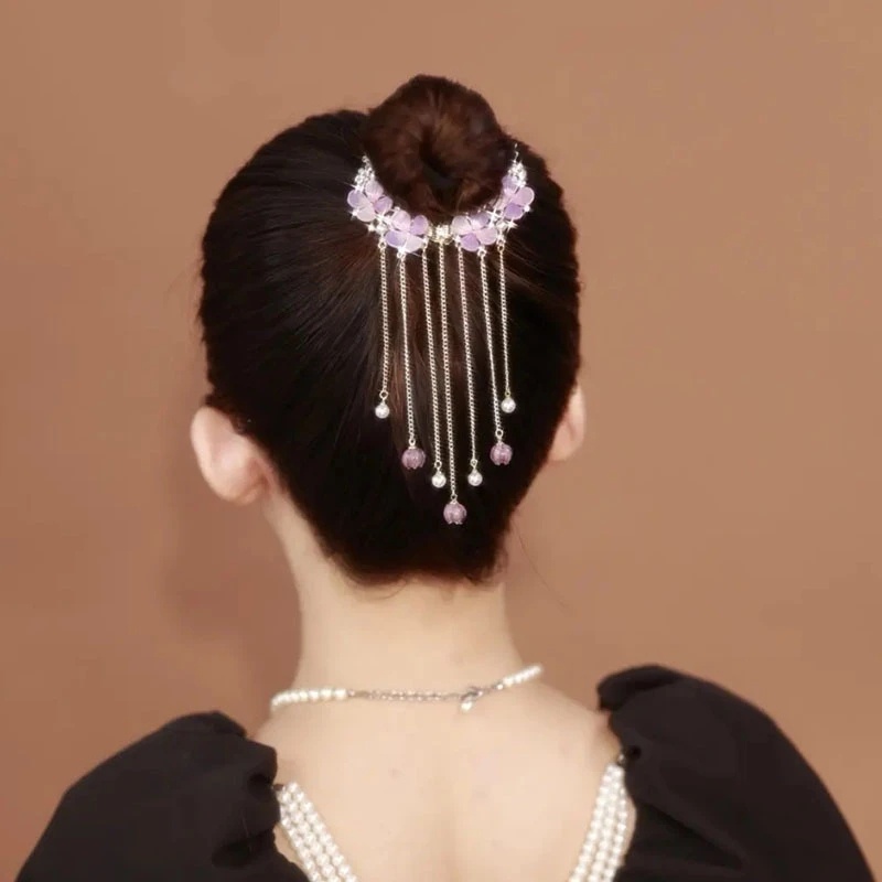 Elegan Indah Ungu Kristal Bunga Imitasi Mutiara Rumbai Rambut Cakar Klip Wanita Gadis Temperamen Manis Ponytail Bun Gesper Jepit Rambut Aksesoris Rambut