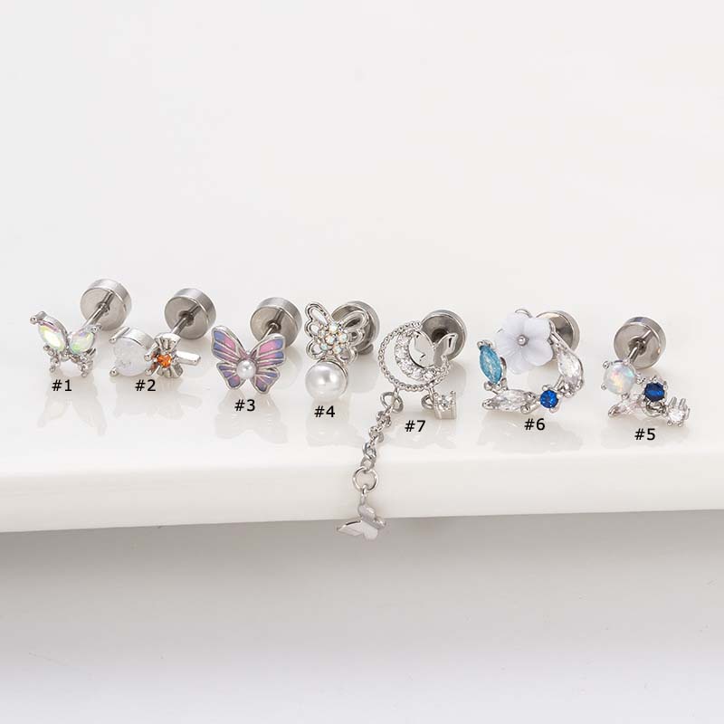 1biji Butterfly Bentuk Bunga Bahan Stainless Steel Dengan Zircon Cartilqage Earring Sud Warna Emas Perak