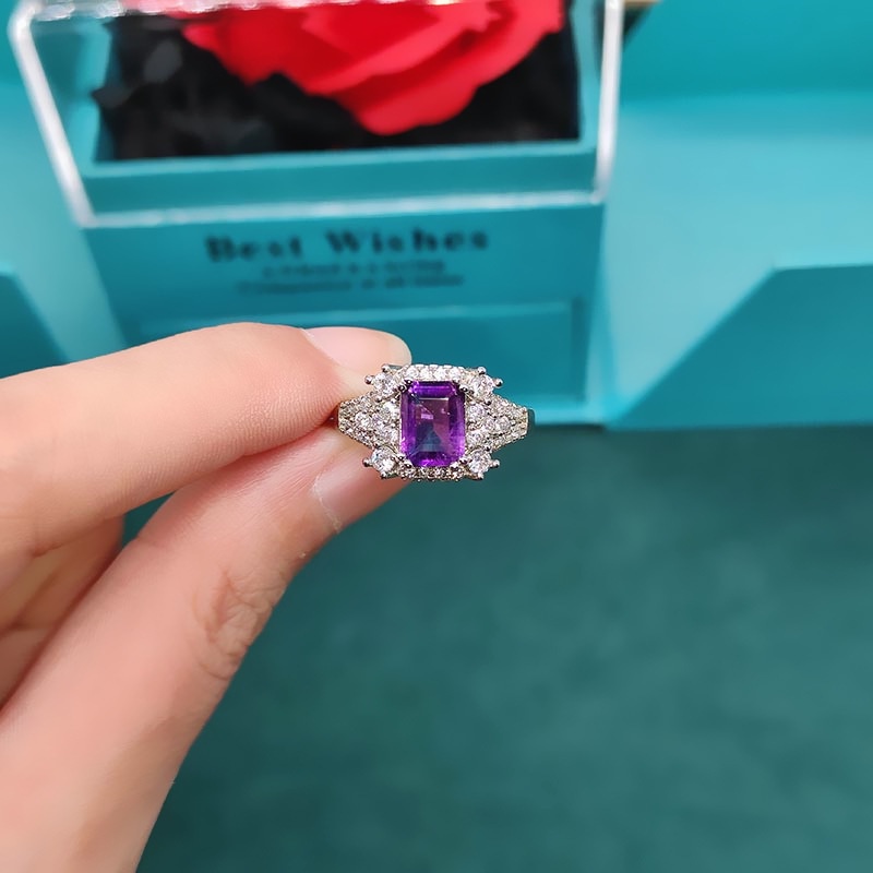 Goldkingdom Aksesoris Perhiasan Fashion Ready Stock Persegi Berlian Micro-set Fancy Permata Cincin Emerald Cut Natural Amethyst Pembukaan Band Wanita