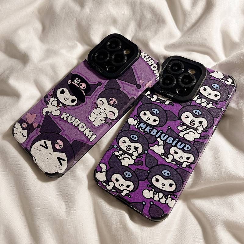 Soft sheepskin Leather Case IPhone 6S 7 8 Plus SE 2020 X XR XS Max 11 12 13 14 Pro Max 14 Plus Camera Protect for Girl women Cute Cartoon Purple Kuromi