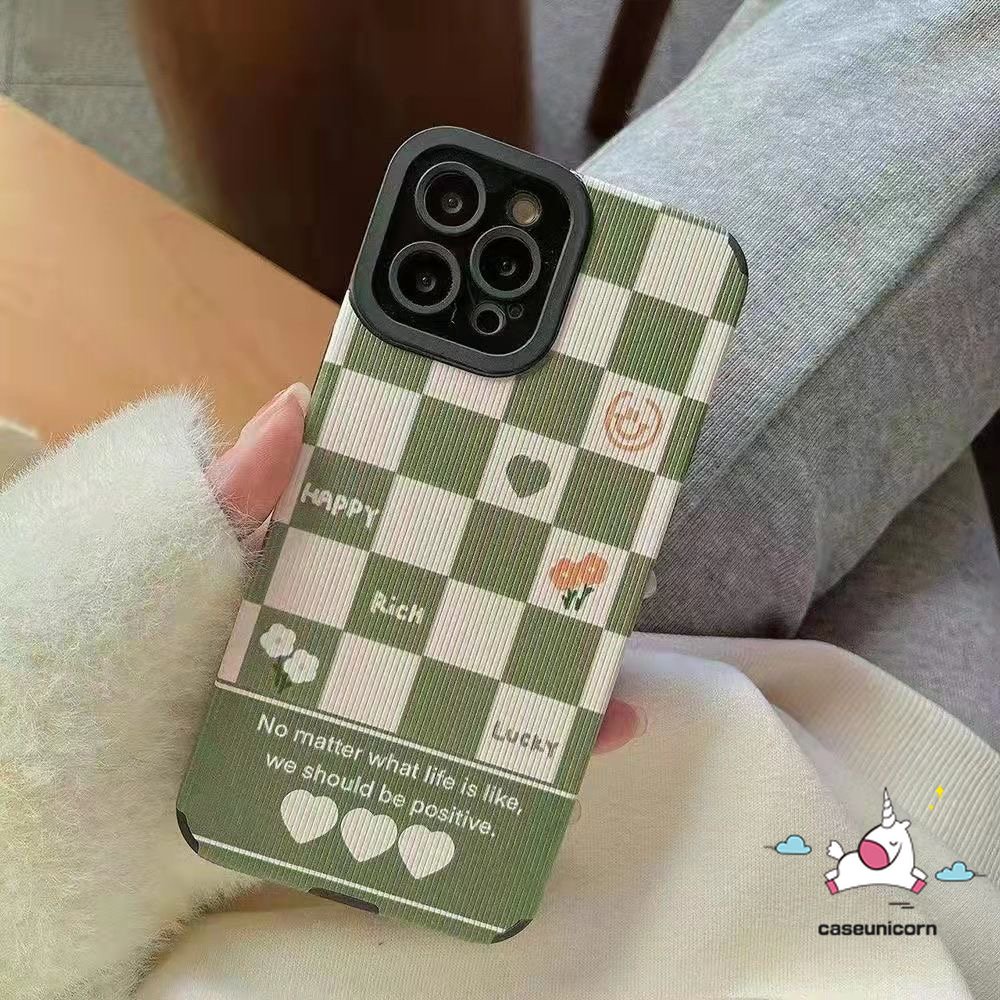 IPHONE Couple Chessboard Houndstooth Pattern Back Case Kompatibel Untuk Iphone11 12 14 13 Pro Max7 8 Plus X XR XS MAX Lembut Shockproof Mewah Tekstur Kulit Cinta Hati Bunga Cover