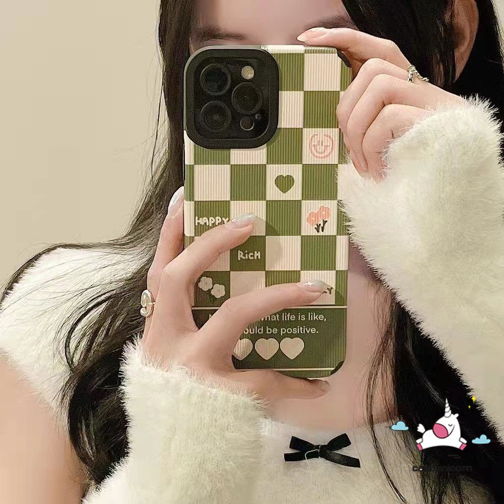 IPHONE Couple Chessboard Houndstooth Pattern Back Case Kompatibel Untuk Iphone11 12 14 13 Pro Max7 8 Plus X XR XS MAX Lembut Shockproof Mewah Tekstur Kulit Cinta Hati Bunga Cover