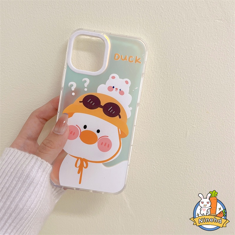 Casing Kompatibel untuk iPhone 14 13 12 11 Pro Max X Xr Xs Max 8 7 Plus SE 2020 Pola Bebek Lucu Bingkai Ponsel Karet Lembut Bingkai Laser Tombol Bening Tahan Guncangan Penutup Belakang TPU Lembut