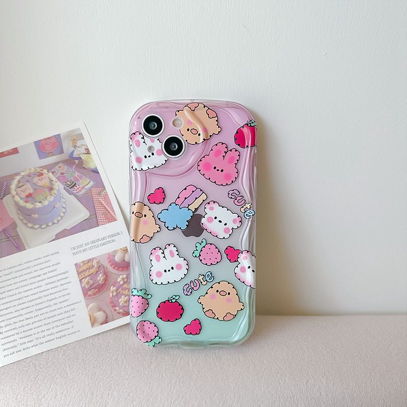 Cute Strawberry Bunny Flower Smile Gelombang Bening Soft Case HP iP iPhone X XS XR 11 12 13 14 Pro Max Woman Girl FTD Casing Apple