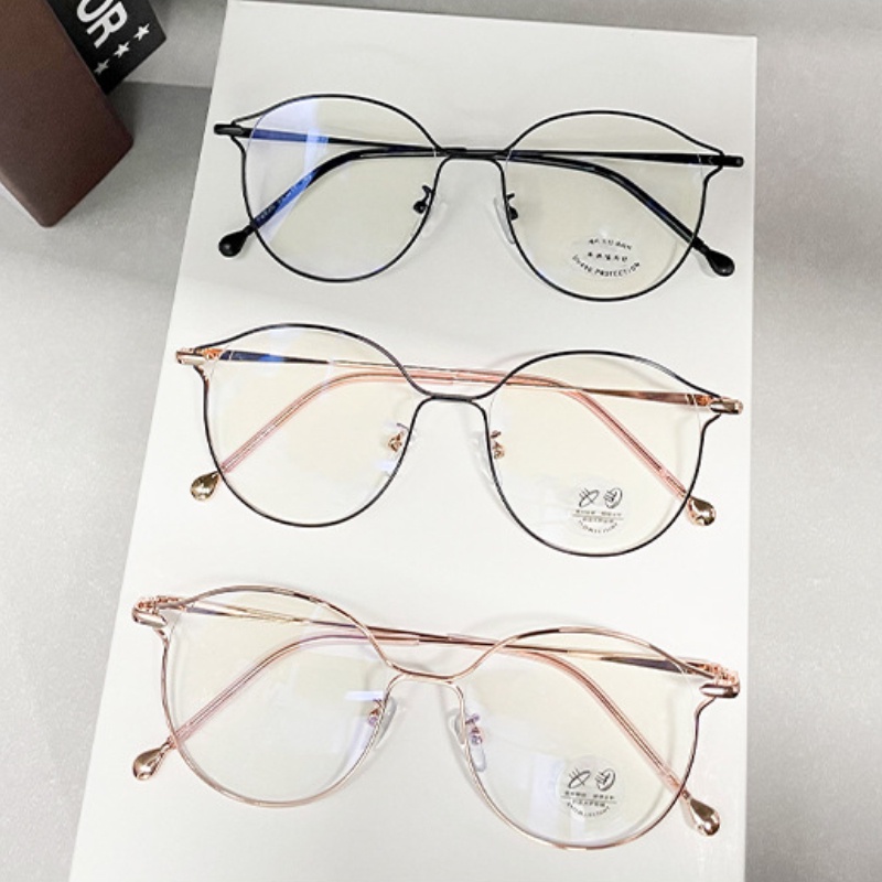 (YUZHU) Lensa Yang Dapat Diganti Kebesaran Kacamata Korea Fashion Logam Bingkai Bulat Anti Cahaya Biru Eyeglasses