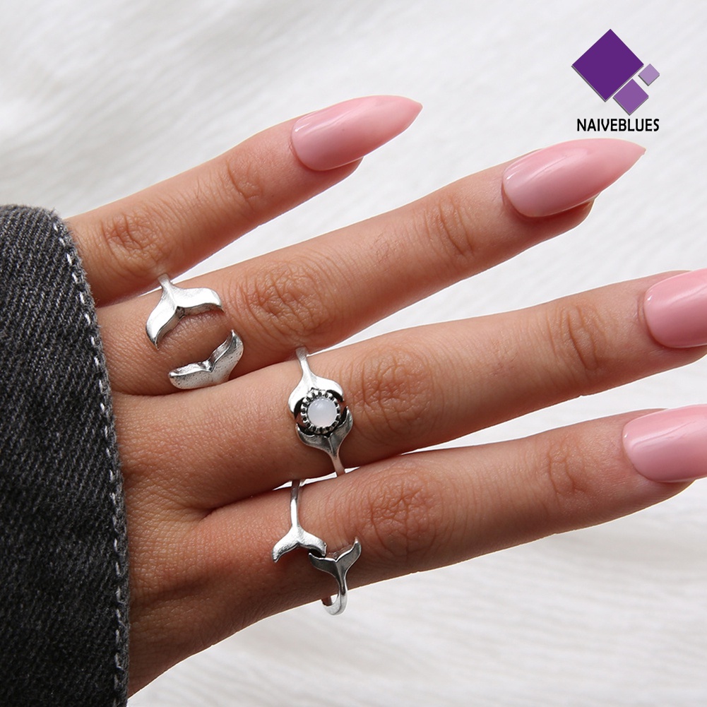 &lt; Naiveblues &gt; 3Pcs/Set Wanita Fashion Ikan Paus Ekor Imitasi Batu Permata Midi Buku Jari Cincin Perhiasan