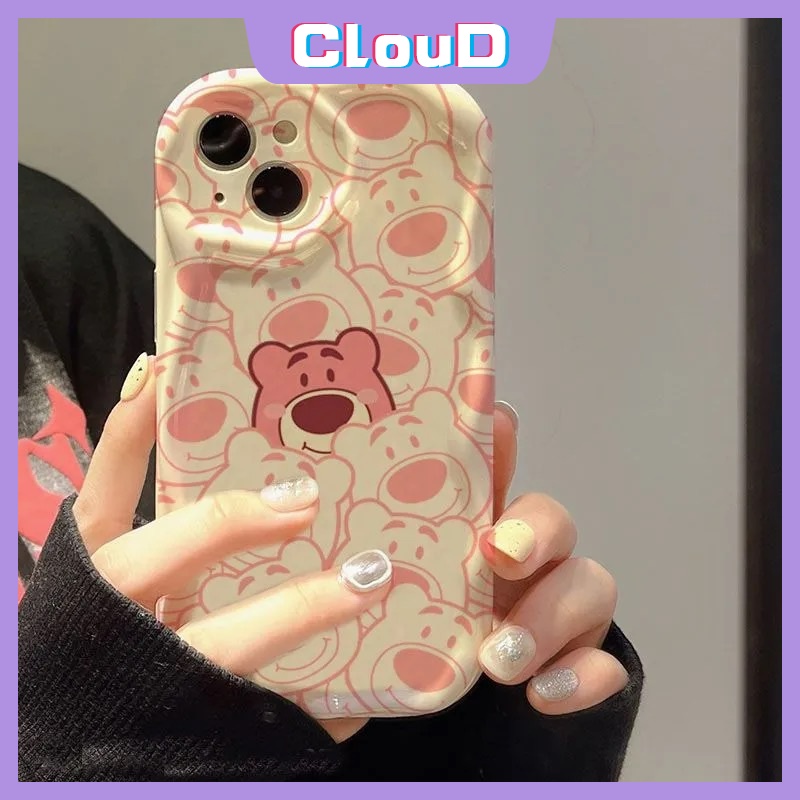 IPHONE Casing Manyo Kartun Tepi Melengkung Bergelombang 3D Kompatibel Untuk Iphone11 7Plus XR 12 13 14 Pro Max X7 8 6s 6 Plus XS Max SE 2020 Beruang Strawberry Lucu Shockproof Glossy Soft Cover