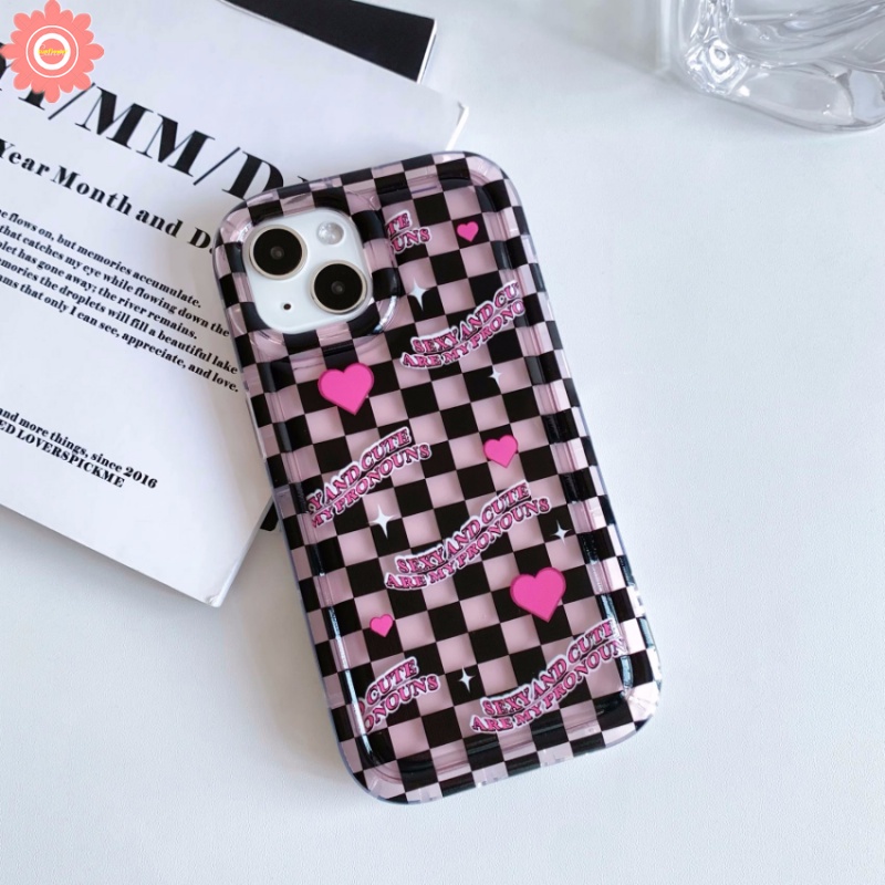 Kawaii Casing Untuk Redmi 12C 10C 9a1 10 9T 9C NFC 10A 9A Redmi Note10 11 11s 10s 9 Note8 Note9 POCO F4 Korea Lucu Kotak-Kotak Kisi 3D Cinta Hati Liontin Shockproof Soft Case