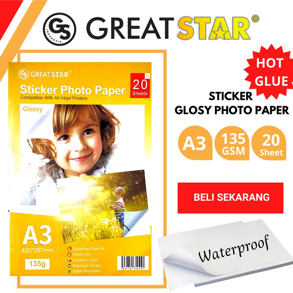 

STICKER GLOSY PHOTO PAPER A3/20 LEMBAR