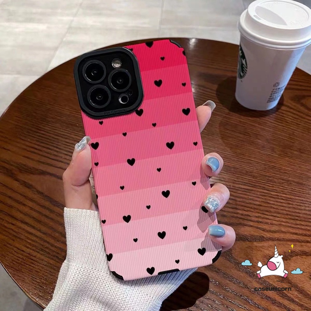 IPHONE Ins Simple Love Heart Phone Case Kompatibel Untuk Iphone11 7 8 Plus 14 12 13 11 Pro MAX XR X XS MAX Fashion Pink Gradasi Mewah Tekstur Kulit Silicon Lembut Shockproof Back Cover