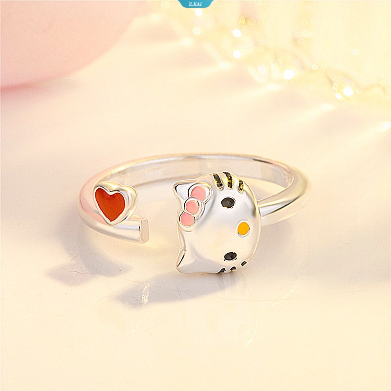 Sanrio Kawaii Hello Kitty Cincin Perak Gadis Fashion Kartun Figure Anime Rings Pesta Trend Perhiasan Christmars Hadiah [ZK]