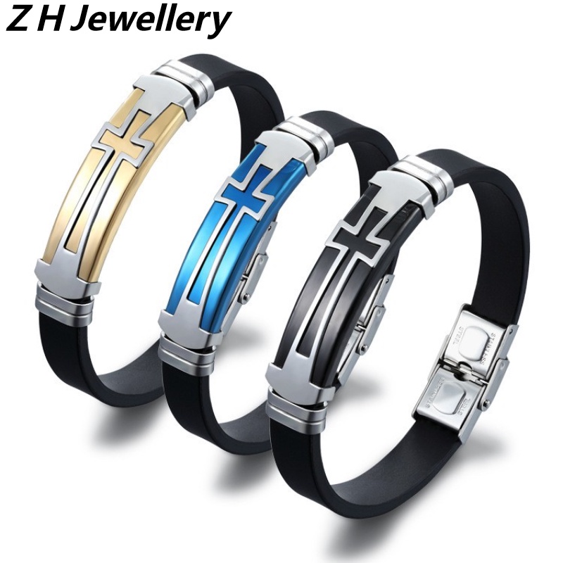 Z H Perhiasan Stainless Steel Salib Silikon Gelang Pria Dan Wanita Fashion Pasangan Gelang Retro Hip Hop Rock Pesta Perhiasan Aksesoris