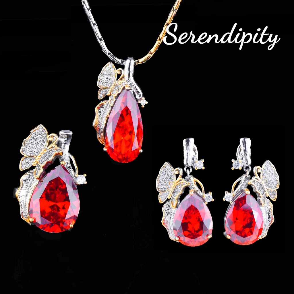 Goldkingdom Fashion Perhiasan Aksesoris Ready Stock Vintage Two-tone Emas Super Peri Bunga Kupu-Kupu Set Padparadscha Kalung Amethyst Stud Anting Cincin
