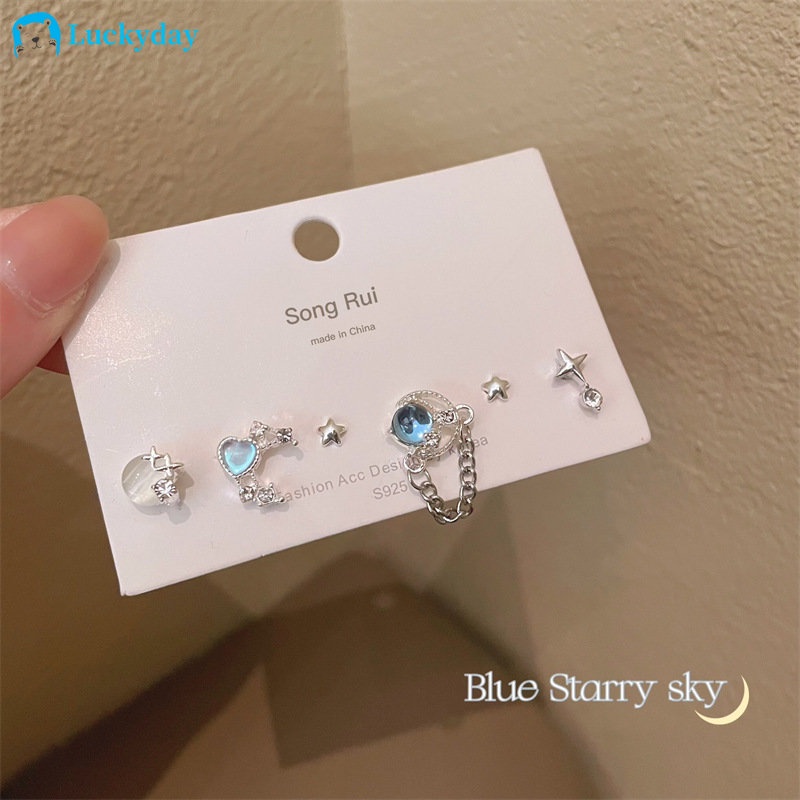 Yeezii 5Pcs/Set Anting Sungai Bintang Warna-Warni Set Opal Rantai Perak Stud Earrings Untuk Wanita Perhiasan Aksesoris