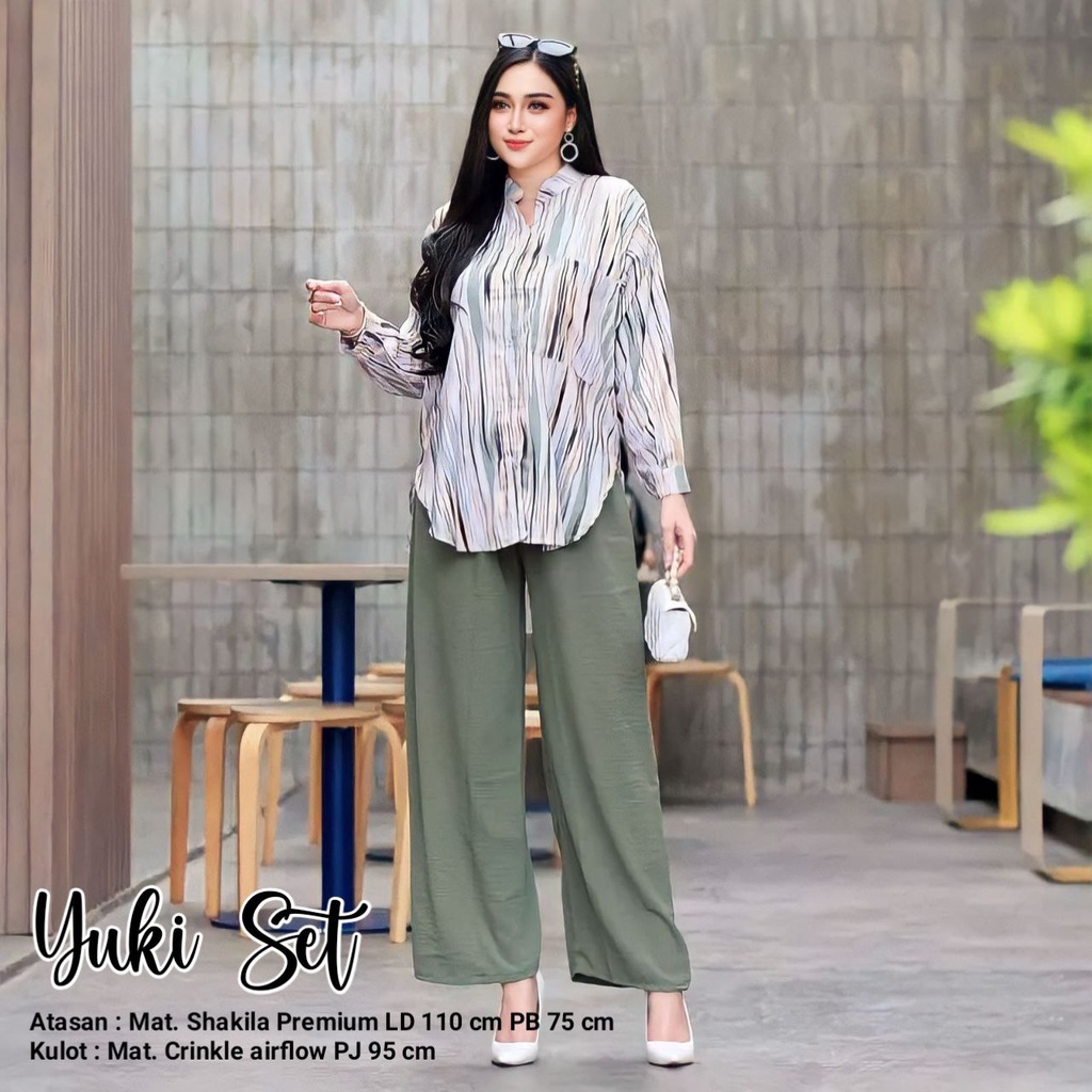 Yuki Set - One Set Wanita Shakila Twill Premium Setelan Baju Lengan 7/8 Set Celana Semi Kulot Kekinian LD 110 cm