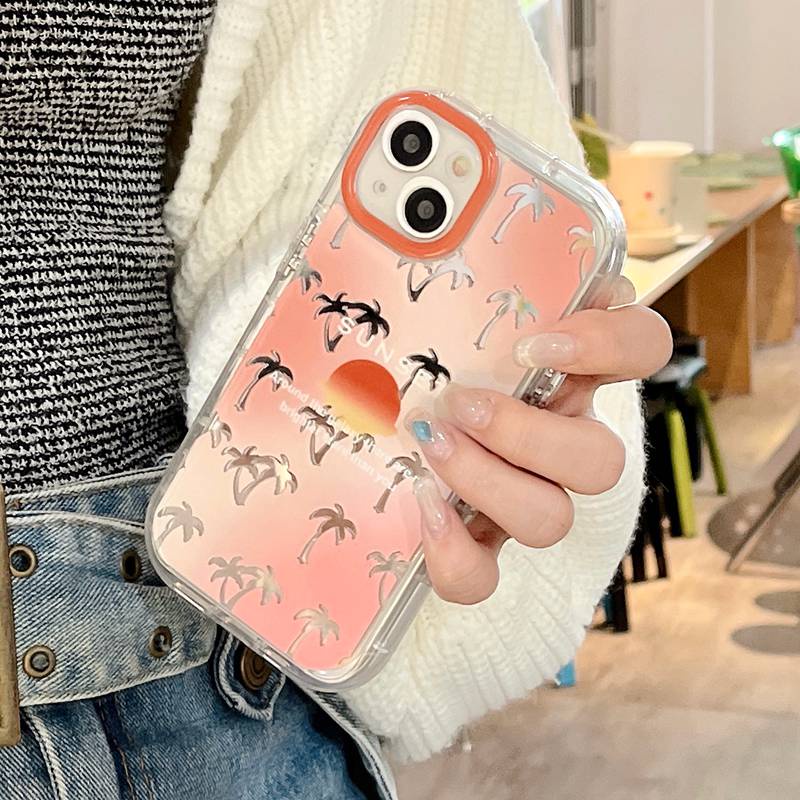 【Ice Cream Mirror】Air Bag PrettyOrange Coconut Tree Soft Case IPhone 11 12 13 14 Pro Max Women's Gift Cute Phone Case Make Up