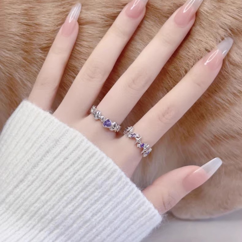 2pcs Set Cincin Kristal Zirkon Ungu Bentuk Hati Yang Indah Untuk Wanita Bintang Pembukaan Rings Perhiasan Hadiah Romantis