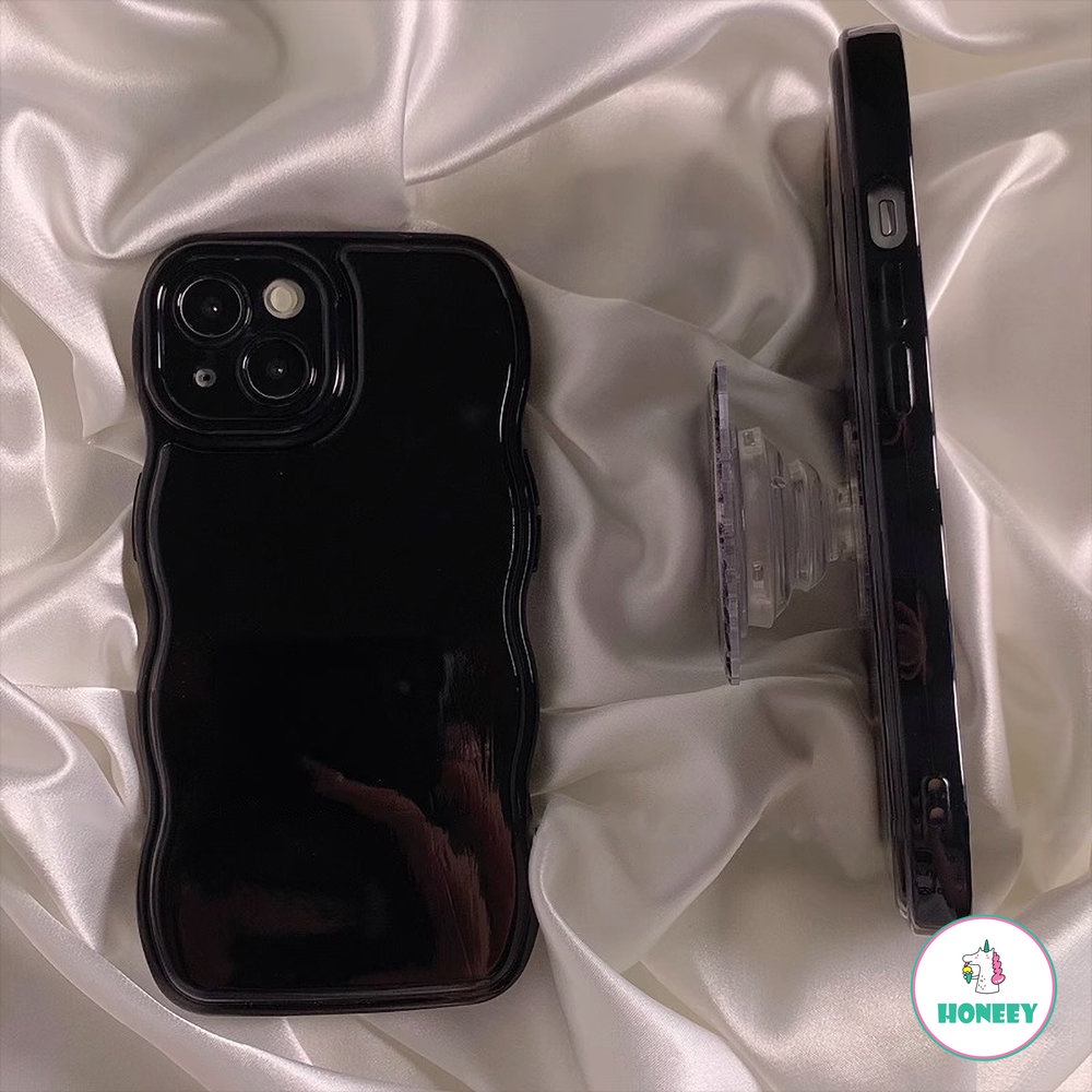 IPHONE Bingkai Gelombang Retro Hitam Pekat Glossy Untuk Apple14 Case Untuk Iphone11Tali Kupu-Kupu11 13 12 Pro Max Silikon Lembut Cover Pelindung