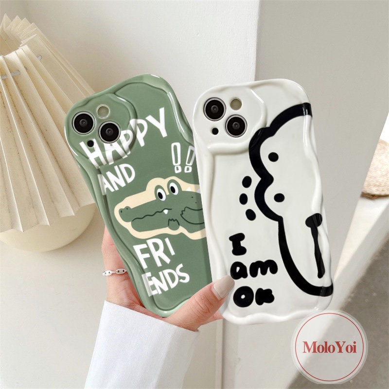 Kartun Lucu Hijau Crocodile Pasangan Shockproof Case Kompatibel Untuk IPhoneXR XS X Max8 7 6 6s Plus 11 12 14 13 Pro Max SE 2020 3D Wavy Curved Edge Soft Tup Cover