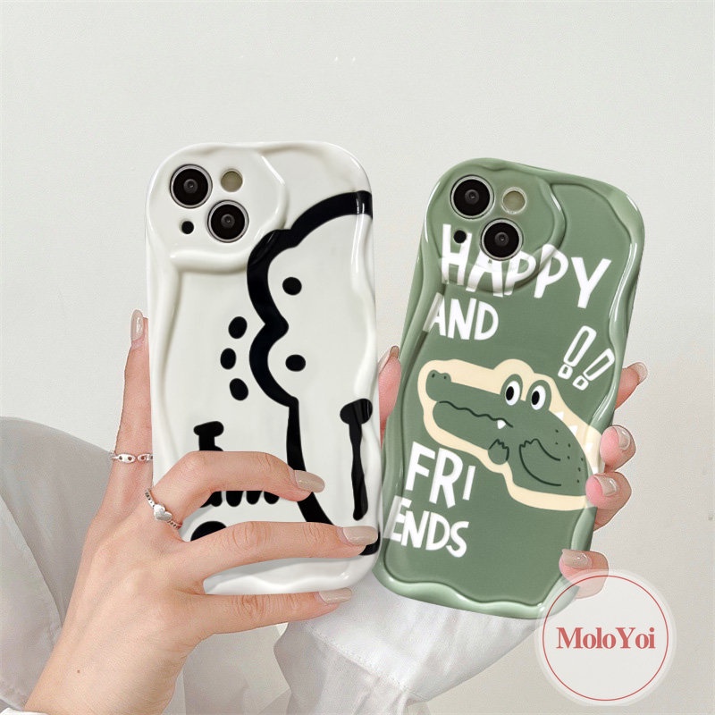 Kartun Lucu Hijau Crocodile Pasangan Shockproof Case Kompatibel Untuk IPhoneXR XS X Max8 7 6 6s Plus 11 12 14 13 Pro Max SE 2020 3D Wavy Curved Edge Soft Tup Cover