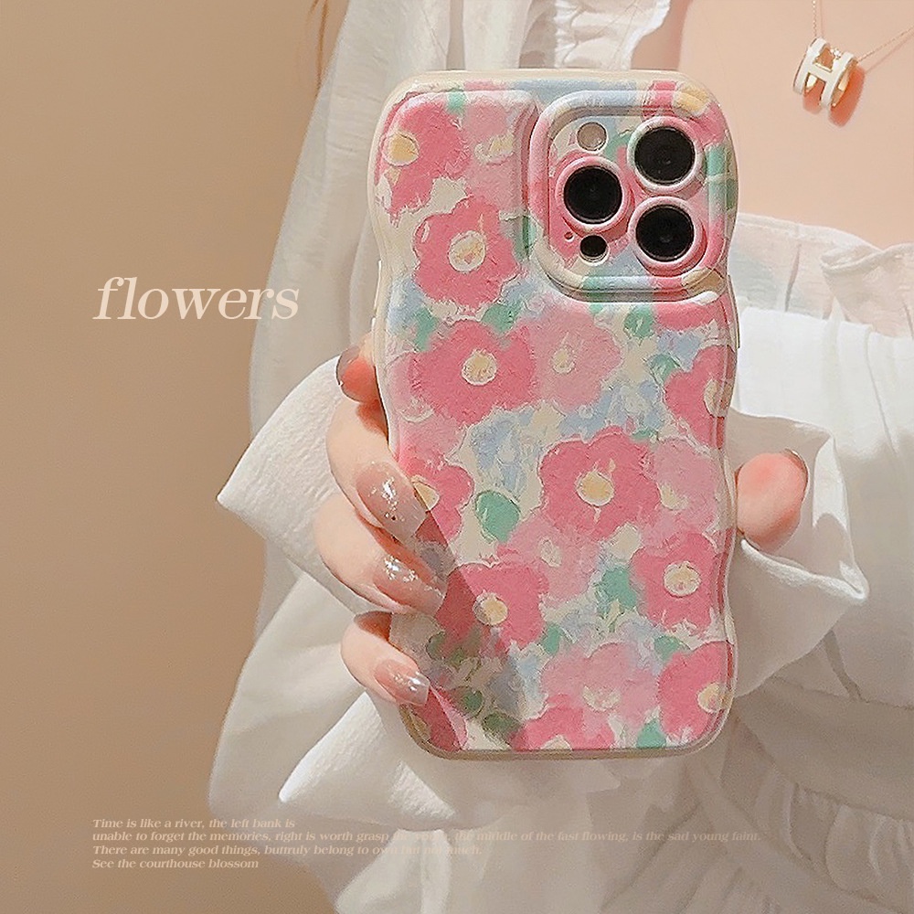 IPHONE Ins Lukisan Cat Minyak Cherry Pink Flowers Silicone Case Untuk Iphone14 11 12 13 PRO MAX Casing Cover Pelindung AT0313