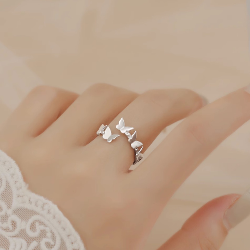 Papaozhu Halus s925 Perak Terhubung Kupu-Kupu Terbuka Cincin Untuk Wanita Gadis Korea Lucu Rings Adjustable Fashion Jari Manset Perhiasan Hadiah