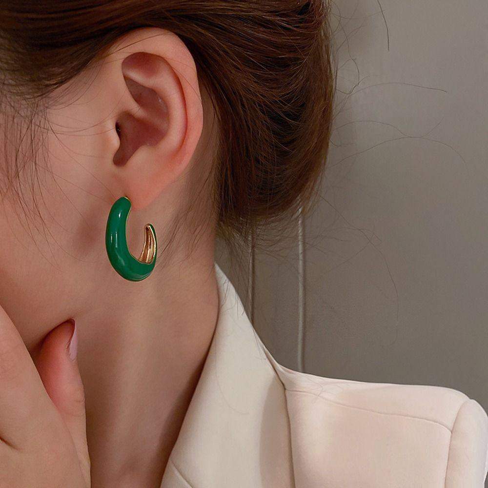 Needway  Wanita Drip Anting Minyak Indah Vintage Trendi Perhiasan Fashion Telinga Hoop Bentuk C Alloy Gaya Korea Earrings