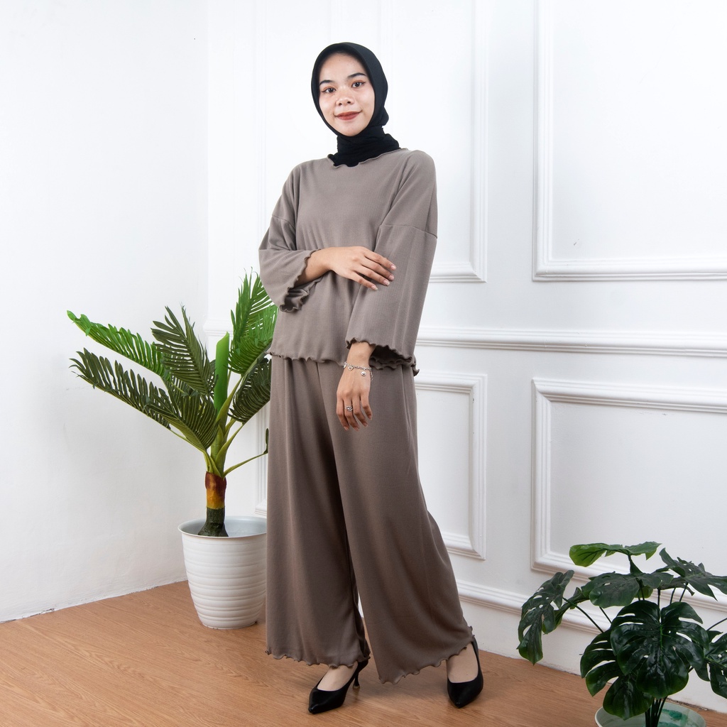 BEFAST - ZNF OOTD WANITA ONESET LINA / LOREN ONE SET KNIT / Set Atasan Lengan Panjang+Celana Kulot Panjang / Pakaian Casual Wanita Terbaru / Outfit Daily Wanita Hijab / Fashion kekinian Remaja ABG / Oneset Polos Terlaris