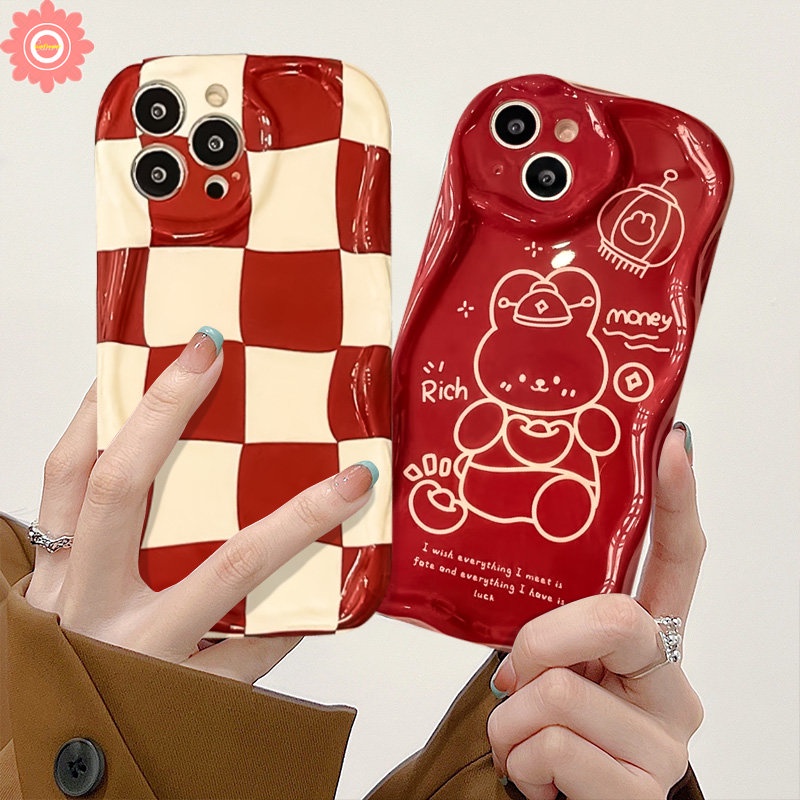 Case Untuk Redmi 10c10 9A 10A 9T A2 9a1 9C NFC Redmi Note9 10 8 11s 11 12 10S 10Pro Max POCO M3 Kotak-Kotak Kartun Lucu Merah Tahun Baru Kelinci Kaya 3D Wavy Curved Edge Glossy Cover