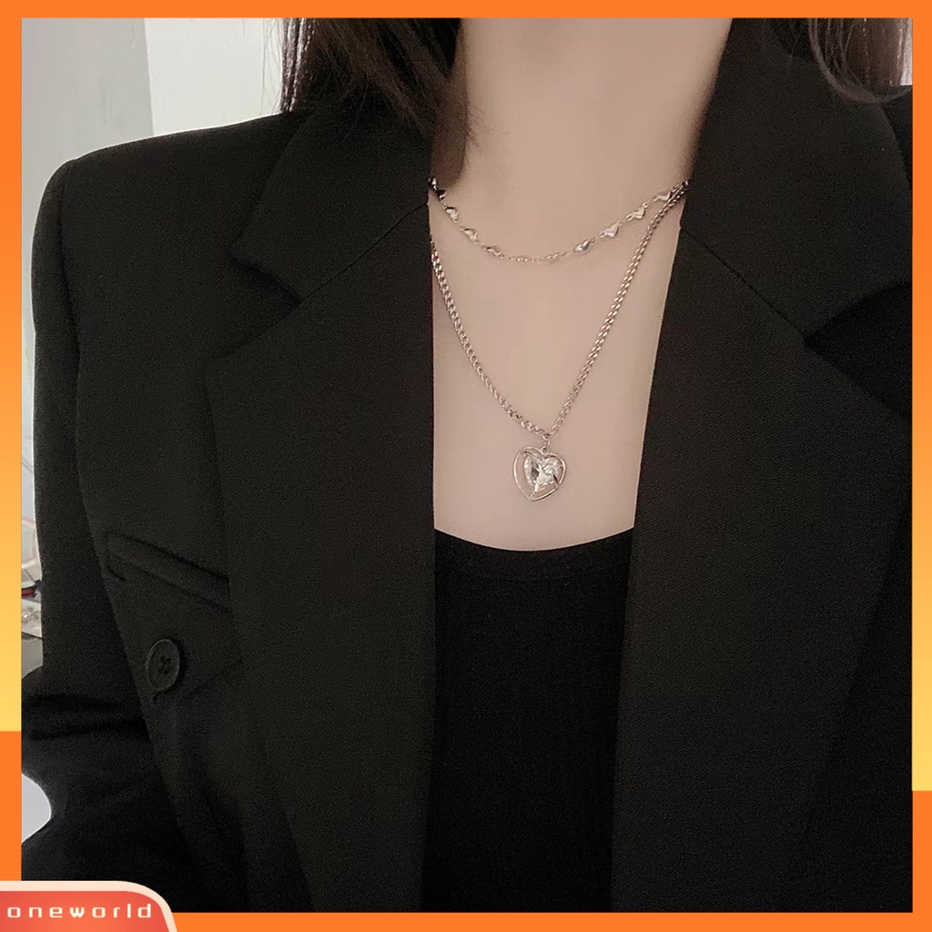 [ONE] Cinta Hati Liontin Kalung Dual Layers Rantai Elegan Keren Adjustable Titanium Steel Remaja Perempuan Klavikula Necklace