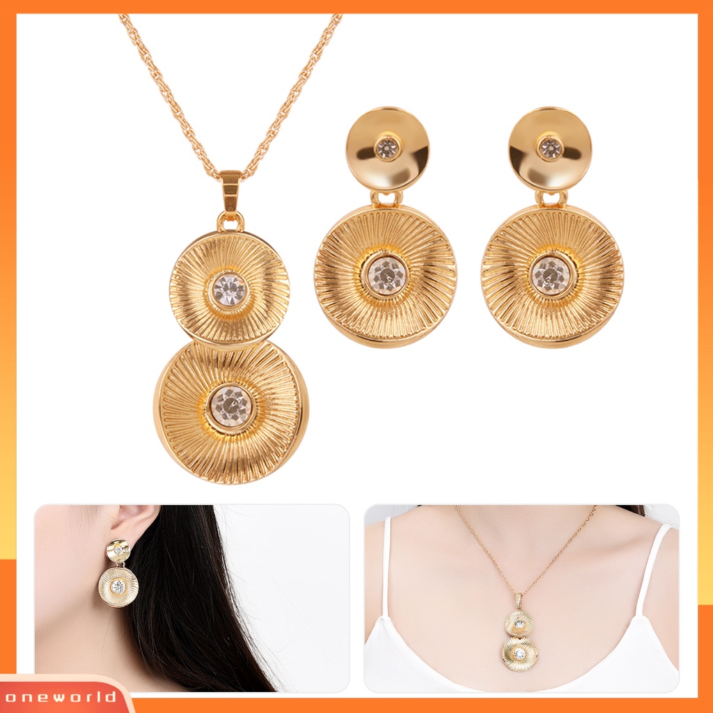 [ONE] 1set Set Perhiasan Geometris Retro Electroplating High Gloss Kristal Imitasi Dress Up Nikel-free Pengantin Pernikahan Kalung Anting Set Perhiasan Aksesori