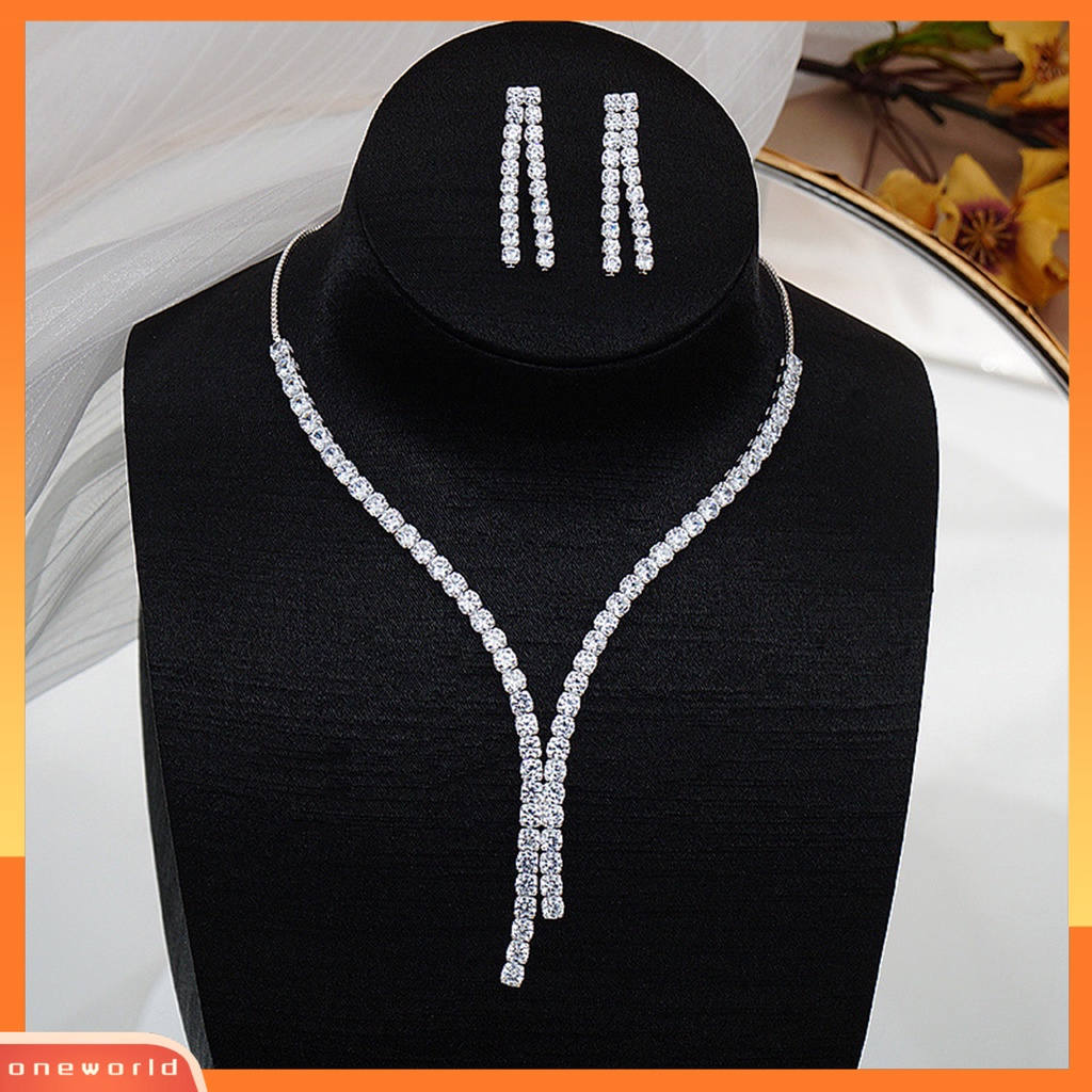 [ONE] 1set Anting Pengantin Mewah Mengkilap Pengerjaan Indah Berlian Imitasi Menawan Berdandan Gloss Tinggi Pernikahan Bersinar Cubic Zirconia Kalung Pesta Perhiasan
