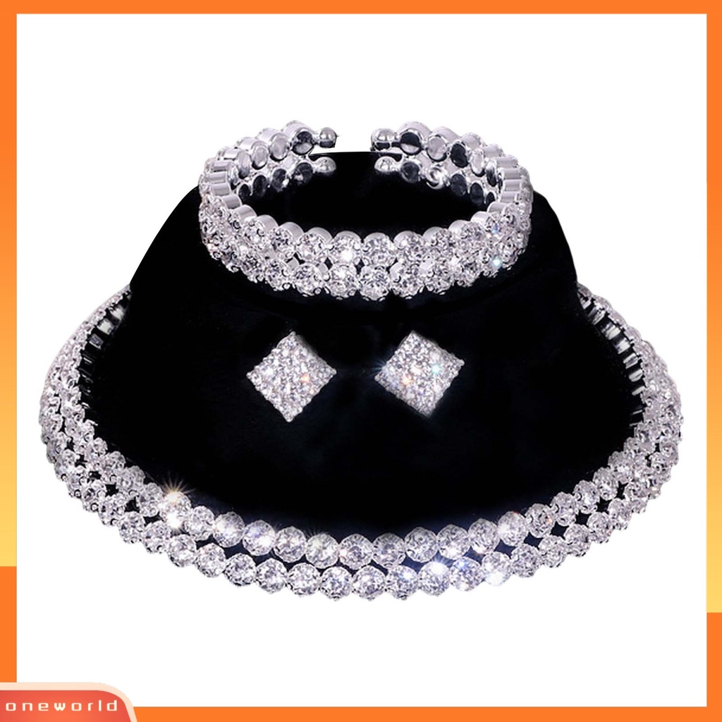 [ONE] 1set Set Perhiasan Berlian Imitasi Elegan Untuk Wanita Alloy Kristal Imitasi Choker Kalung Anting Gelang Ideal Untuk Pesta Pernikahan Pengantin