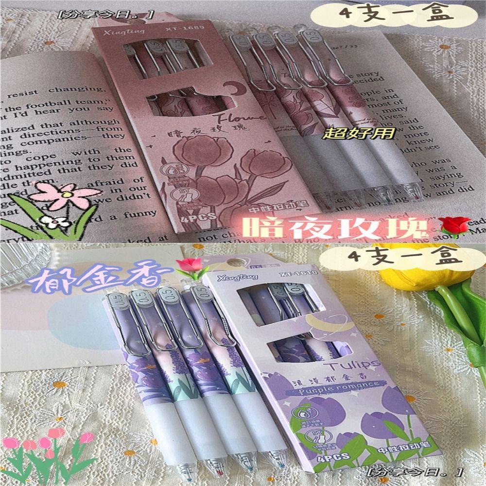 SUYO 4pcs /Set Gel Pens Rose Kartun Dengan Klip Alat Tulisan Tinta Hitam Press Type Signature Pen