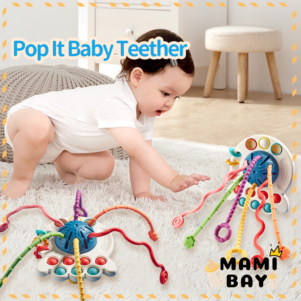 Mamibayi Pop It Teether Mainan Edukasi Sensorik Tarik Panjang Mainan Gigitan Bayi